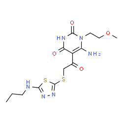 ChemSpider 2D Image | 6-Amino-1-(2-methoxyethyl)-5-({[5-(propylamino)-1,3,4-thiadiazol-2-yl]sulfanyl}acetyl)-2,4(1H,3H)-pyrimidinedione | C14H20N6O4S2