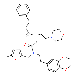 ChemSpider 2D Image | N-(2-{[2-(3,4-Dimethoxyphenyl)ethyl][(5-methyl-2-furyl)methyl]amino}-2-oxoethyl)-N-[2-(4-morpholinyl)ethyl]-3-phenylpropanamide | C33H43N3O6