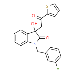 ChemSpider 2D Image | 1-(3-Fluorobenzyl)-3-hydroxy-3-[2-oxo-2-(2-thienyl)ethyl]-1,3-dihydro-2H-indol-2-one | C21H16FNO3S