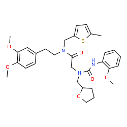 ChemSpider 2D Image | N-[2-(3,4-Dimethoxyphenyl)ethyl]-N~2~-[(2-methoxyphenyl)carbamoyl]-N-[(5-methyl-2-thienyl)methyl]-N~2~-(tetrahydro-2-furanylmethyl)glycinamide | C31H39N3O6S