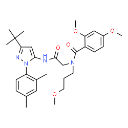ChemSpider 2D Image | N-(2-{[1-(2,4-Dimethylphenyl)-3-(2-methyl-2-propanyl)-1H-pyrazol-5-yl]amino}-2-oxoethyl)-2,4-dimethoxy-N-(3-methoxypropyl)benzamide | C30H40N4O5
