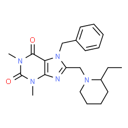ChemSpider 2D Image | 7-Benzyl-8-[(2-ethyl-1-piperidinyl)methyl]-1,3-dimethyl-3,7-dihydro-1H-purine-2,6-dione | C22H29N5O2
