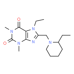 ChemSpider 2D Image | 7-Ethyl-8-[(2-ethyl-1-piperidinyl)methyl]-1,3-dimethyl-3,7-dihydro-1H-purine-2,6-dione | C17H27N5O2