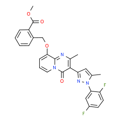 ChemSpider 2D Image | Methyl 2-[({3-[1-(2,5-difluorophenyl)-5-methyl-1H-pyrazol-3-yl]-2-methyl-4-oxo-4H-pyrido[1,2-a]pyrimidin-9-yl}oxy)methyl]benzoate | C28H22F2N4O4