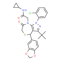 ChemSpider 2D Image | 2-[4-(1,3-Benzodioxol-5-yl)-1-(2-chlorophenyl)-3-(2-methyl-2-propanyl)-7-oxo-1,4,6,7-tetrahydro-8H-pyrazolo[3,4-e][1,4]thiazepin-8-yl]-N-cyclopropylacetamide | C28H29ClN4O4S