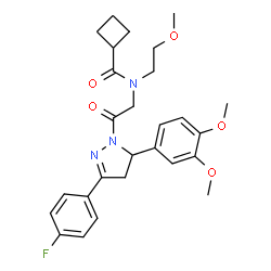 ChemSpider 2D Image | N-{2-[5-(3,4-Dimethoxyphenyl)-3-(4-fluorophenyl)-4,5-dihydro-1H-pyrazol-1-yl]-2-oxoethyl}-N-(2-methoxyethyl)cyclobutanecarboxamide | C27H32FN3O5