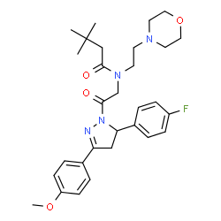 ChemSpider 2D Image | N-{2-[5-(4-Fluorophenyl)-3-(4-methoxyphenyl)-4,5-dihydro-1H-pyrazol-1-yl]-2-oxoethyl}-3,3-dimethyl-N-[2-(4-morpholinyl)ethyl]butanamide | C30H39FN4O4