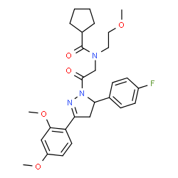 ChemSpider 2D Image | N-{2-[3-(2,4-Dimethoxyphenyl)-5-(4-fluorophenyl)-4,5-dihydro-1H-pyrazol-1-yl]-2-oxoethyl}-N-(2-methoxyethyl)cyclopentanecarboxamide | C28H34FN3O5