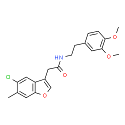 ChemSpider 2D Image | 2-(5-Chloro-6-methyl-1-benzofuran-3-yl)-N-[2-(3,4-dimethoxyphenyl)ethyl]acetamide | C21H22ClNO4