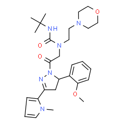 ChemSpider 2D Image | 1-{2-[5-(2-Methoxyphenyl)-3-(1-methyl-1H-pyrrol-2-yl)-4,5-dihydro-1H-pyrazol-1-yl]-2-oxoethyl}-3-(2-methyl-2-propanyl)-1-[2-(4-morpholinyl)ethyl]urea | C28H40N6O4