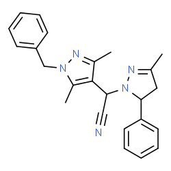 ChemSpider 2D Image | (1-Benzyl-3,5-dimethyl-1H-pyrazol-4-yl)(3-methyl-5-phenyl-4,5-dihydro-1H-pyrazol-1-yl)acetonitrile | C24H25N5