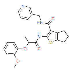 ChemSpider 2D Image | 2-{[2-(2-Methoxyphenoxy)propanoyl]amino}-N-(3-pyridinylmethyl)-5,6-dihydro-4H-cyclopenta[b]thiophene-3-carboxamide | C24H25N3O4S
