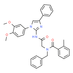 ChemSpider 2D Image | N-Benzyl-N-(2-{[1-(3,4-dimethoxyphenyl)-4-phenyl-1H-imidazol-2-yl]amino}-2-oxoethyl)-2-methylbenzamide | C34H32N4O4