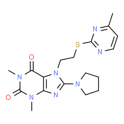 ChemSpider 2D Image | 1,3-Dimethyl-7-{2-[(4-methyl-2-pyrimidinyl)sulfanyl]ethyl}-8-(1-pyrrolidinyl)-3,7-dihydro-1H-purine-2,6-dione | C18H23N7O2S