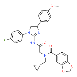 ChemSpider 2D Image | N-(Cyclopropylmethyl)-N-(2-{[1-(4-fluorophenyl)-4-(4-methoxyphenyl)-1H-imidazol-2-yl]amino}-2-oxoethyl)-1,3-benzodioxole-5-carboxamide | C30H27FN4O5