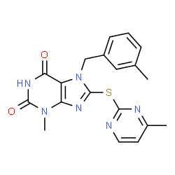 ChemSpider 2D Image | 3-Methyl-7-(3-methylbenzyl)-8-[(4-methyl-2-pyrimidinyl)sulfanyl]-3,7-dihydro-1H-purine-2,6-dione | C19H18N6O2S
