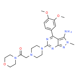 ChemSpider 2D Image | 2-{4-[3-Amino-4-(3,4-dimethoxyphenyl)-2-methyl-2H-pyrazolo[3,4-d]pyrimidin-6-yl]-1-piperazinyl}-1-(4-morpholinyl)ethanone | C24H32N8O4