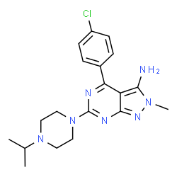 ChemSpider 2D Image | 4-(4-Chlorophenyl)-6-(4-isopropyl-1-piperazinyl)-2-methyl-2H-pyrazolo[3,4-d]pyrimidin-3-amine | C19H24ClN7