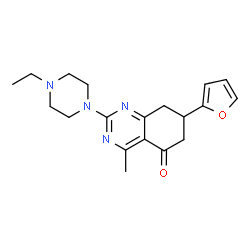 ChemSpider 2D Image | 2-(4-Ethyl-1-piperazinyl)-7-(2-furyl)-4-methyl-7,8-dihydro-5(6H)-quinazolinone | C19H24N4O2