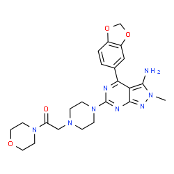 ChemSpider 2D Image | 2-{4-[3-Amino-4-(1,3-benzodioxol-5-yl)-2-methyl-2H-pyrazolo[3,4-d]pyrimidin-6-yl]-1-piperazinyl}-1-(4-morpholinyl)ethanone | C23H28N8O4