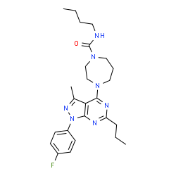 ChemSpider 2D Image | N-Butyl-4-[1-(4-fluorophenyl)-3-methyl-6-propyl-1H-pyrazolo[3,4-d]pyrimidin-4-yl]-1,4-diazepane-1-carboxamide | C25H34FN7O