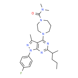 ChemSpider 2D Image | 4-[1-(4-Fluorophenyl)-3-methyl-6-(2-pentanyl)-1H-pyrazolo[3,4-d]pyrimidin-4-yl]-N,N-dimethyl-1,4-diazepane-1-carboxamide | C25H34FN7O