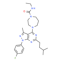 ChemSpider 2D Image | N-Ethyl-4-[1-(4-fluorophenyl)-3-methyl-6-(3-methylbutyl)-1H-pyrazolo[3,4-d]pyrimidin-4-yl]-1,4-diazepane-1-carboxamide | C25H34FN7O