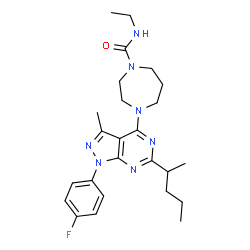 ChemSpider 2D Image | N-Ethyl-4-[1-(4-fluorophenyl)-3-methyl-6-(2-pentanyl)-1H-pyrazolo[3,4-d]pyrimidin-4-yl]-1,4-diazepane-1-carboxamide | C25H34FN7O