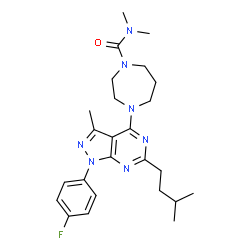 ChemSpider 2D Image | 4-[1-(4-Fluorophenyl)-3-methyl-6-(3-methylbutyl)-1H-pyrazolo[3,4-d]pyrimidin-4-yl]-N,N-dimethyl-1,4-diazepane-1-carboxamide | C25H34FN7O