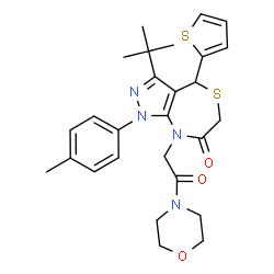 ChemSpider 2D Image | 1-(4-Methylphenyl)-3-(2-methyl-2-propanyl)-8-[2-(4-morpholinyl)-2-oxoethyl]-4-(2-thienyl)-4,8-dihydro-1H-pyrazolo[3,4-e][1,4]thiazepin-7(6H)-one | C27H32N4O3S2