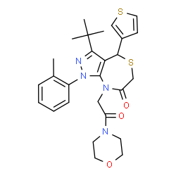 ChemSpider 2D Image | 1-(2-Methylphenyl)-3-(2-methyl-2-propanyl)-8-[2-(4-morpholinyl)-2-oxoethyl]-4-(3-thienyl)-4,8-dihydro-1H-pyrazolo[3,4-e][1,4]thiazepin-7(6H)-one | C27H32N4O3S2