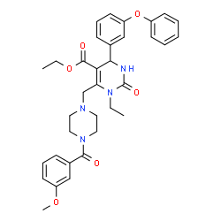 ChemSpider 2D Image | Ethyl 1-ethyl-6-{[4-(3-methoxybenzoyl)-1-piperazinyl]methyl}-2-oxo-4-(3-phenoxyphenyl)-1,2,3,4-tetrahydro-5-pyrimidinecarboxylate | C34H38N4O6