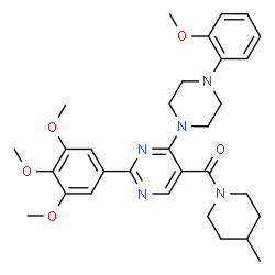ChemSpider 2D Image | {4-[4-(2-Methoxyphenyl)-1-piperazinyl]-2-(3,4,5-trimethoxyphenyl)-5-pyrimidinyl}(4-methyl-1-piperidinyl)methanone | C31H39N5O5