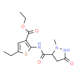 ChemSpider 2D Image | Ethyl 5-ethyl-2-{[(2-methyl-5-oxo-3-pyrazolidinyl)carbonyl]amino}-3-thiophenecarboxylate | C14H19N3O4S