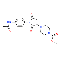 ChemSpider 2D Image | Ethyl 4-[1-(4-acetamidophenyl)-2,5-dioxo-3-pyrrolidinyl]-1-piperazinecarboxylate | C19H24N4O5