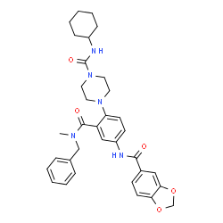 ChemSpider 2D Image | 4-{4-[(1,3-Benzodioxol-5-ylcarbonyl)amino]-2-[benzyl(methyl)carbamoyl]phenyl}-N-cyclohexyl-1-piperazinecarboxamide | C34H39N5O5