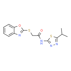 ChemSpider 2D Image | 2-(1,3-Benzoxazol-2-ylsulfanyl)-N-(5-isopropyl-1,3,4-thiadiazol-2-yl)acetamide | C14H14N4O2S2
