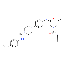 ChemSpider 2D Image | N-(4-Methoxyphenyl)-4-[4-({N-[(2-methyl-2-propanyl)carbamoyl]-N-propylglycyl}amino)phenyl]-1-piperazinecarboxamide | C28H40N6O4