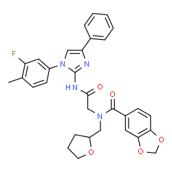 ChemSpider 2D Image | N-(2-{[1-(3-Fluoro-4-methylphenyl)-4-phenyl-1H-imidazol-2-yl]amino}-2-oxoethyl)-N-(tetrahydro-2-furanylmethyl)-1,3-benzodioxole-5-carboxamide | C31H29FN4O5