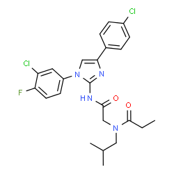 ChemSpider 2D Image | N-(2-{[1-(3-Chloro-4-fluorophenyl)-4-(4-chlorophenyl)-1H-imidazol-2-yl]amino}-2-oxoethyl)-N-isobutylpropanamide | C24H25Cl2FN4O2