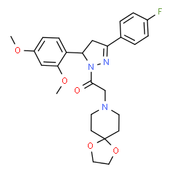 ChemSpider 2D Image | 1-[5-(2,4-Dimethoxyphenyl)-3-(4-fluorophenyl)-4,5-dihydro-1H-pyrazol-1-yl]-2-(1,4-dioxa-8-azaspiro[4.5]dec-8-yl)ethanone | C26H30FN3O5