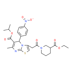 ChemSpider 2D Image | Isopropyl 3-{2-[3-(ethoxycarbonyl)-1-piperidinyl]-2-oxoethyl}-7-methyl-5-(4-nitrophenyl)-5H-[1,3]thiazolo[3,2-a]pyrimidine-6-carboxylate | C27H32N4O7S