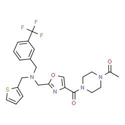 ChemSpider 2D Image | 1-(4-{[2-({(2-Thienylmethyl)[3-(trifluoromethyl)benzyl]amino}methyl)-1,3-oxazol-4-yl]carbonyl}-1-piperazinyl)ethanone | C24H25F3N4O3S