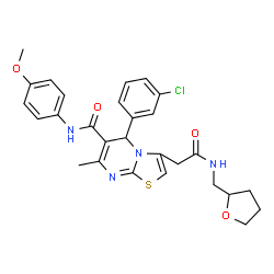 ChemSpider 2D Image | 5-(3-Chlorophenyl)-N-(4-methoxyphenyl)-7-methyl-3-{2-oxo-2-[(tetrahydro-2-furanylmethyl)amino]ethyl}-5H-[1,3]thiazolo[3,2-a]pyrimidine-6-carboxamide | C28H29ClN4O4S