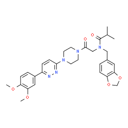 ChemSpider 2D Image | N-(1,3-Benzodioxol-5-ylmethyl)-N-(2-{4-[6-(3,4-dimethoxyphenyl)-3-pyridazinyl]-1-piperazinyl}-2-oxoethyl)-2-methylpropanamide | C30H35N5O6