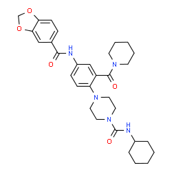 ChemSpider 2D Image | 4-{4-[(1,3-Benzodioxol-5-ylcarbonyl)amino]-2-(1-piperidinylcarbonyl)phenyl}-N-cyclohexyl-1-piperazinecarboxamide | C31H39N5O5