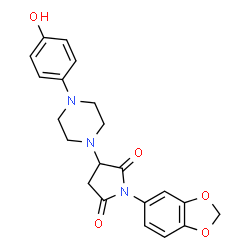 ChemSpider 2D Image | 1-(1,3-Benzodioxol-5-yl)-3-[4-(4-hydroxyphenyl)-1-piperazinyl]-2,5-pyrrolidinedione | C21H21N3O5