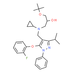 ChemSpider 2D Image | 1-(Cyclopropyl{[5-(2-fluorophenoxy)-3-isopropyl-1-phenyl-1H-pyrazol-4-yl]methyl}amino)-3-[(2-methyl-2-propanyl)oxy]-2-propanol | C29H38FN3O3