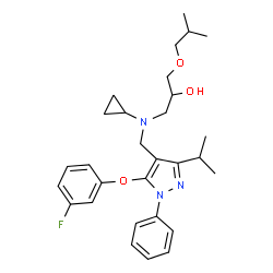 ChemSpider 2D Image | 1-(Cyclopropyl{[5-(3-fluorophenoxy)-3-isopropyl-1-phenyl-1H-pyrazol-4-yl]methyl}amino)-3-isobutoxy-2-propanol | C29H38FN3O3