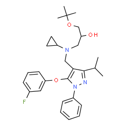 ChemSpider 2D Image | 1-(Cyclopropyl{[5-(3-fluorophenoxy)-3-isopropyl-1-phenyl-1H-pyrazol-4-yl]methyl}amino)-3-[(2-methyl-2-propanyl)oxy]-2-propanol | C29H38FN3O3